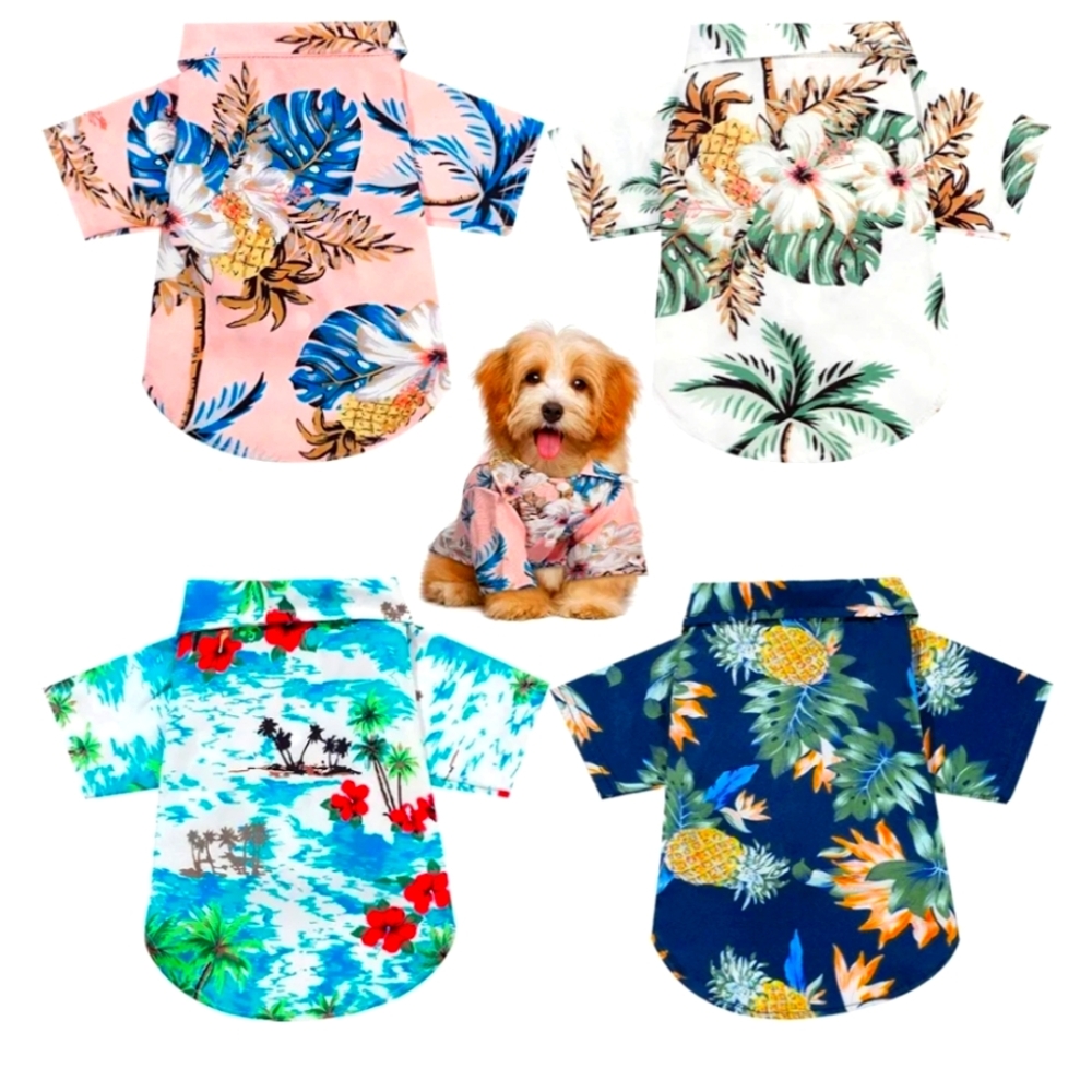 NEW 4 Piece  Hawaiian Style Floral Small Breed Puppy Shirts Size L